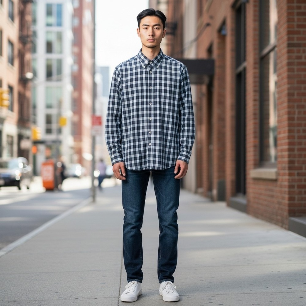 Southern Proper XL Cotton Long Sleeve Button-Down Shirt Blue White Black Plaid